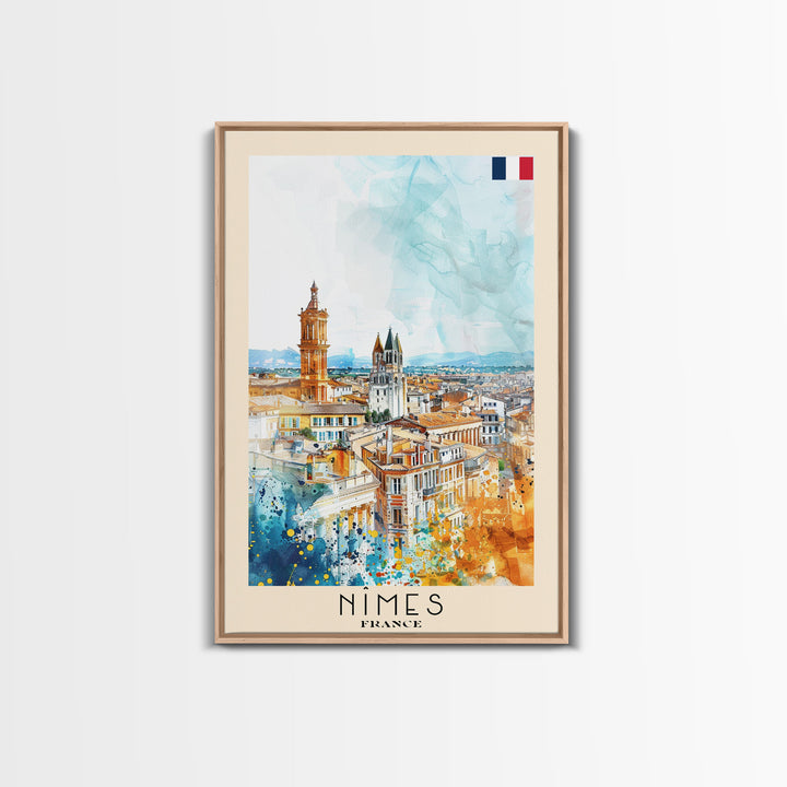 Nîmes France Framed Canvas Print, Historic Travel Poster, Watercolor Painting, Wall Art, Home Decor, French Architecture, Vintage Style