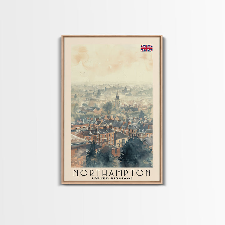 Northampton United Kingdom Travel Poster Framed Canvas Print, Watercolor Painting, Scenic Wall Art, Home Decor, British Landscape, Classic Art