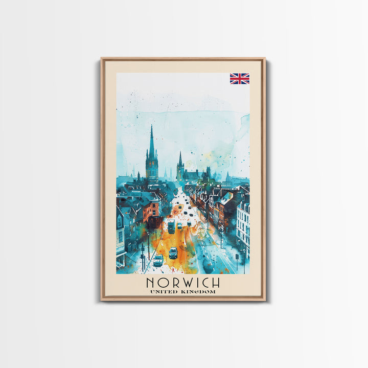 Norwich United Kingdom Travel Poster Framed Canvas Print, Watercolor Painting, Historic Wall Art, Home Decor, British Architecture, Artistic Decor