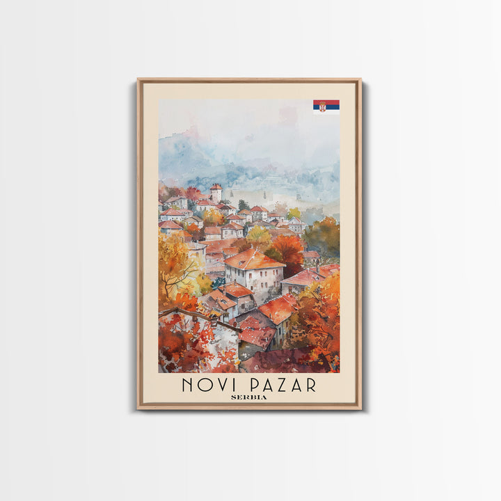 Novi Pazar Serbia Travel Poster Framed Canvas Print, Watercolor Painting, Scenic Wall Art, Home Decor, Serbian Landscape, Cultural Art