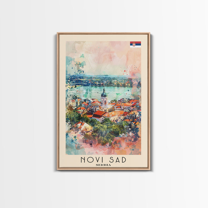 Novi Sad Serbia Travel Poster Framed Canvas Print, Watercolor Painting, Scenic Wall Art, Home Decor, Serbian Cityscape, Historic Art