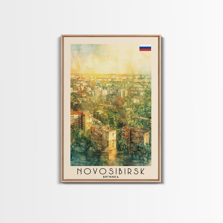 Novosibirsk Russia Travel Poster Framed Canvas Print, Watercolor Painting, Urban Wall Art, Home Decor, Russian Cityscape, Contemporary Art