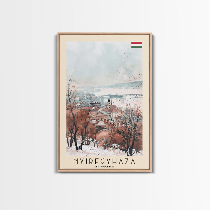 Nyiregyhaza Hungary Travel Poster Framed Canvas Print, Watercolor Painting, Scenic Wall Art, Home Decor, Hungarian Landscape, Rustic Art