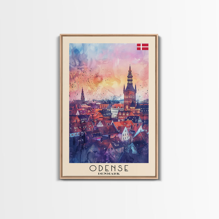 Odense Denmark Travel Poster Framed Canvas Print, Watercolor Painting, Scenic Wall Art, Home Decor, Danish Cityscape, Artistic Decor