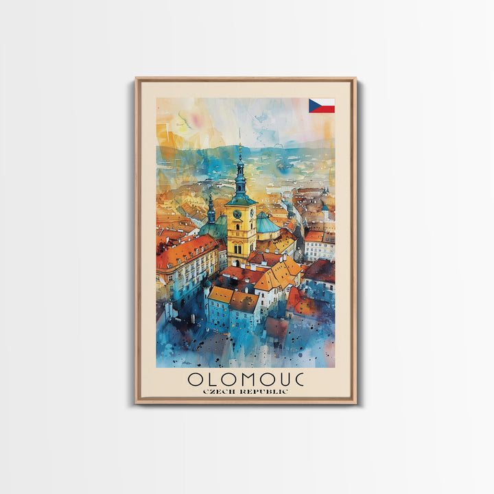 Olomouc Czech Travel Poster Framed Canvas Print, Watercolor Painting, Historic Wall Art, Home Decor, Czech Architecture, Vintage Style