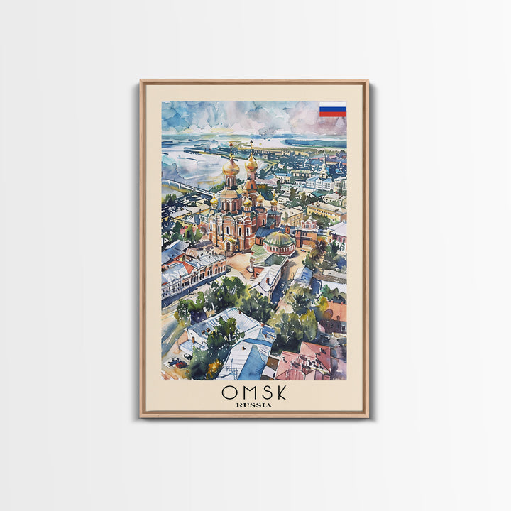 Omsk Russia Travel Poster Framed Canvas Print, Watercolor Painting, Urban Wall Art, Home Decor, Russian Cityscape, Modern Art