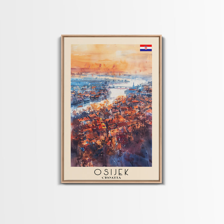Osijek Croatia Travel Poster Framed Canvas Print, Watercolor Painting, Scenic Wall Art, Home Decor, Croatian Landscape, Rustic Art