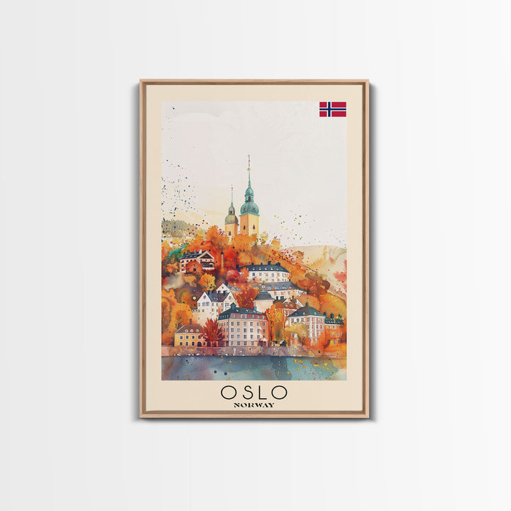 Oslo Norway Travel Poster Framed Canvas Print, Watercolor Painting, Scenic Wall Art, Home Decor, Norwegian Cityscape, Modern Decor