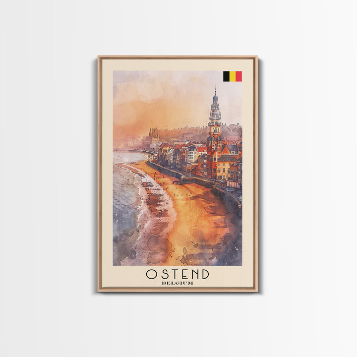 Ostend Belgium Travel Poster Framed Canvas Print, Watercolor Painting, Coastal Wall Art, Home Decor, Belgian Seaside, Vibrant Art
