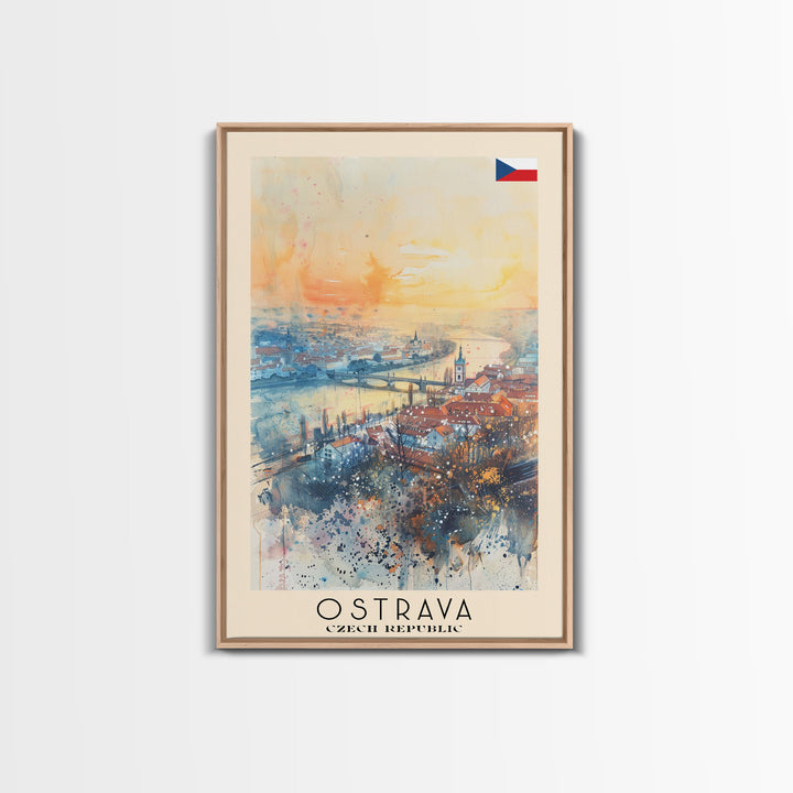 Ostrava Czech Travel Poster Framed Canvas Print, Watercolor Painting, Urban Wall Art, Home Decor, Czech Cityscape, Vintage Style