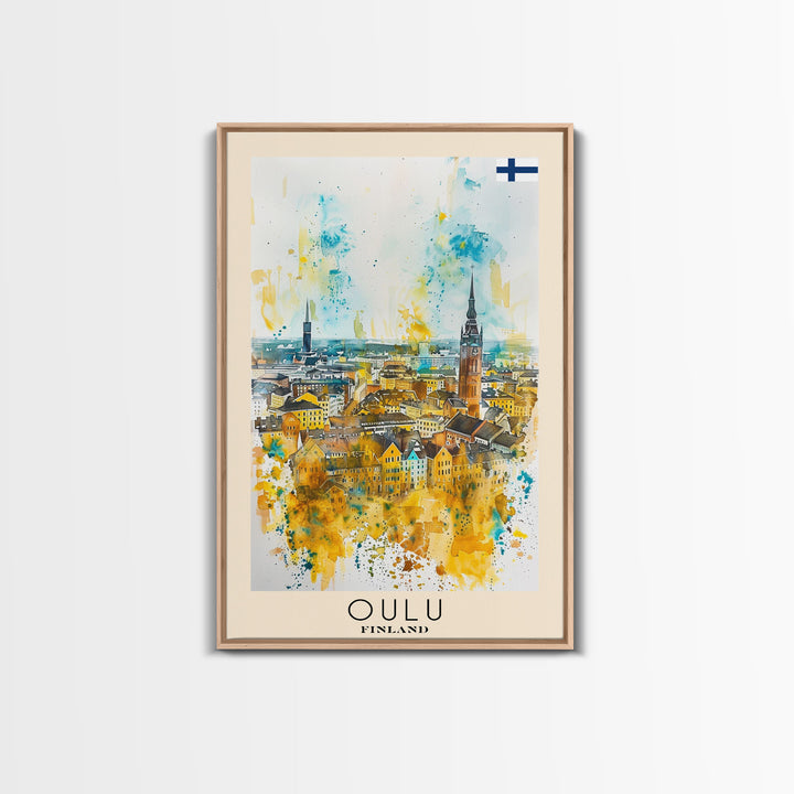 Oulu Finland Travel Poster Framed Canvas Print, Watercolor Painting, Scenic Wall Art, Home Decor, Finnish Landscape, Artistic Decor