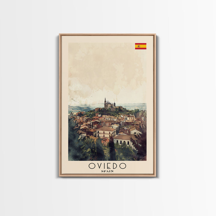 Oviedo Spain Travel Poster Framed Canvas Print, Watercolor Painting, Scenic Wall Art, Home Decor, Spanish Cityscape, Classic Art