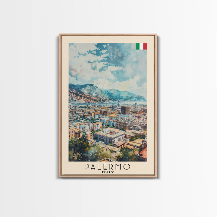 Palermo Italy Travel Poster Framed Canvas Print, Watercolor Painting, Coastal Wall Art, Home Decor, Italian Seaside, Vibrant Art