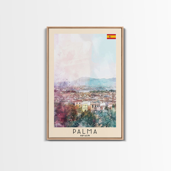 Palma Spain Travel Poster Framed Canvas Print, Watercolor Painting, Scenic Wall Art, Home Decor, Spanish Landscape, Minimalist Art