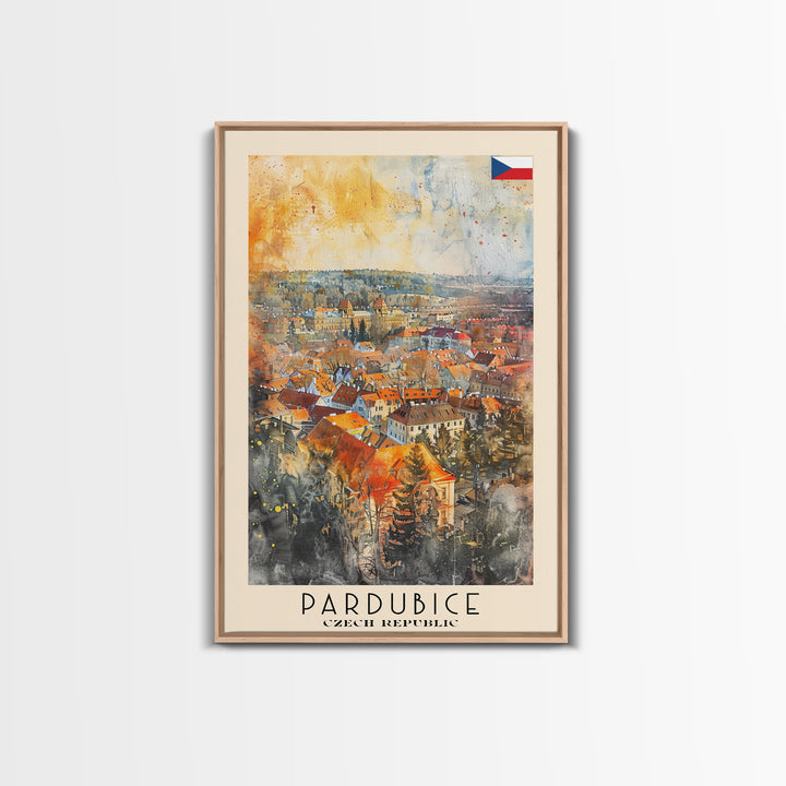Pardubice Czech Travel Poster Framed Canvas Print, Watercolor Painting, Urban Wall Art, Home Decor, Czech Architecture, Vintage Style