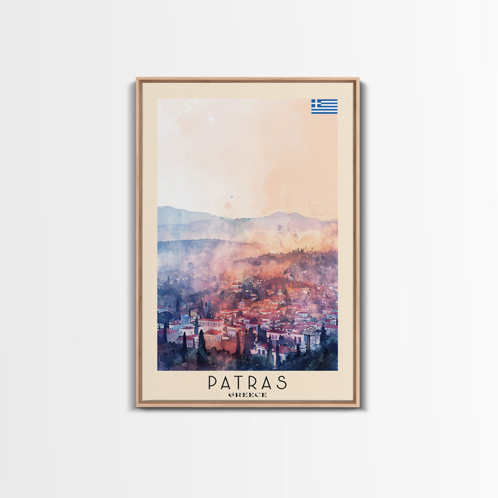 Patras Greece Travel Poster Framed Canvas Print, Watercolor Painting, Scenic Wall Art, Home Decor, Greek Seaside, Vibrant Art