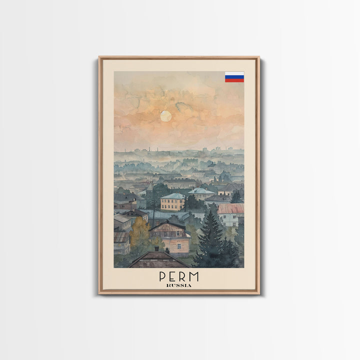 Perm Russia Travel Poster Framed Canvas Print, Watercolor Painting, Scenic Wall Art, Home Decor, Russian Landscape, Urban Art