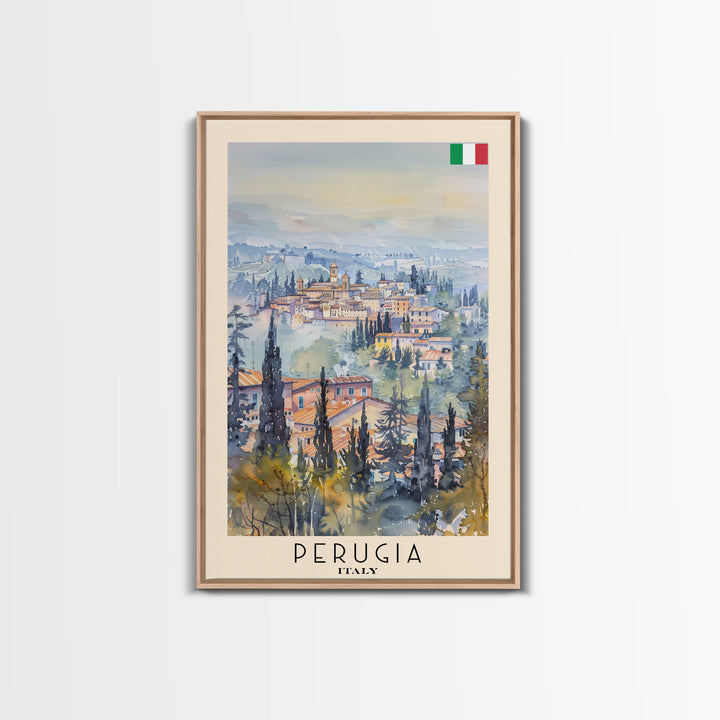 Perugia Italy Travel Poster Framed Canvas Print, Watercolor Painting, Scenic Wall Art, Home Decor, Italian Cityscape, Classic Art
