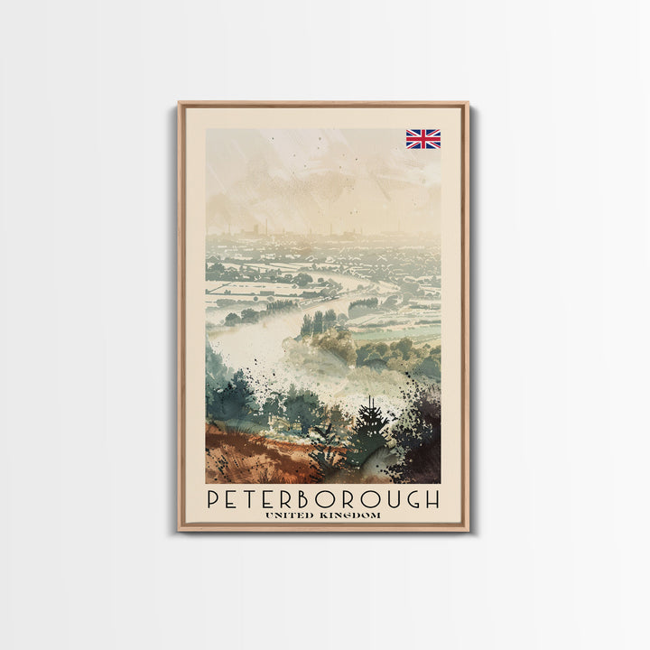 Peterborough United Kingdom Travel Poster Framed Canvas Print, Watercolor Painting, Historic Wall Art, Home Decor, British Architecture, Artistic Decor