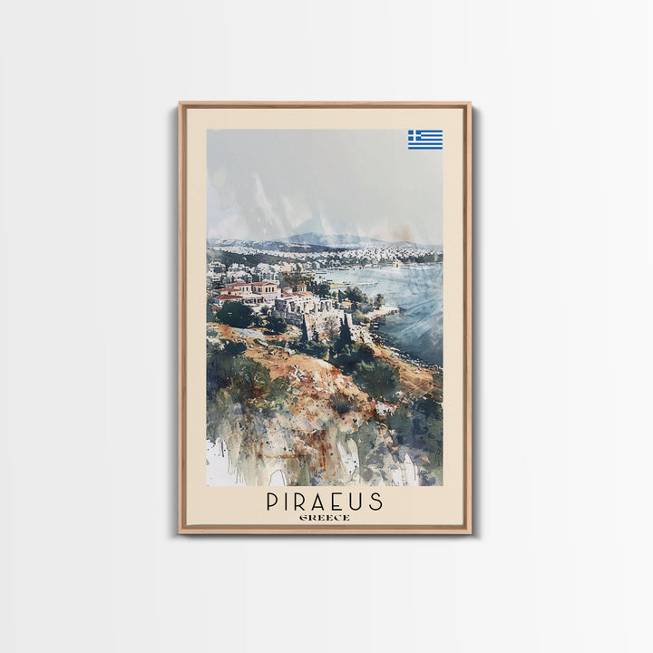 Piraeus Greece Travel Poster Framed Canvas Print, Watercolor Painting, Coastal Wall Art, Home Decor, Greek Seaside, Vibrant Art