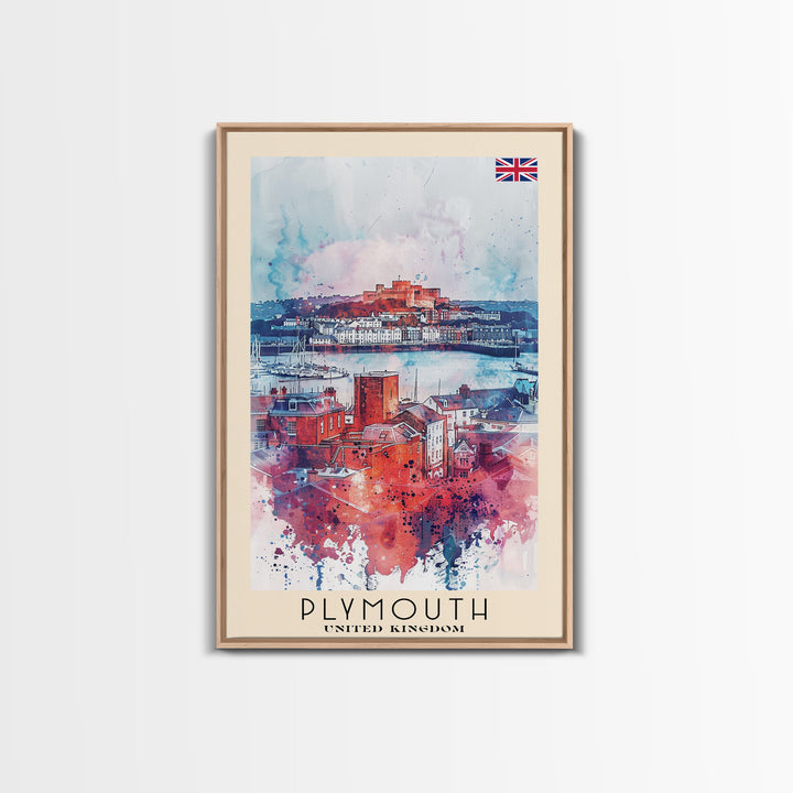 Plymouth United Kingdom Travel Poster Framed Canvas Print, Watercolor Painting, Coastal Wall Art, Home Decor, British Seaside, Modern Decor