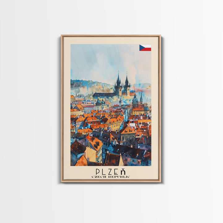 Plzen Czech Republic Travel Poster Framed Canvas Print, Watercolor Painting, Scenic Wall Art, Home Decor, Czech Cityscape, Modern Decor