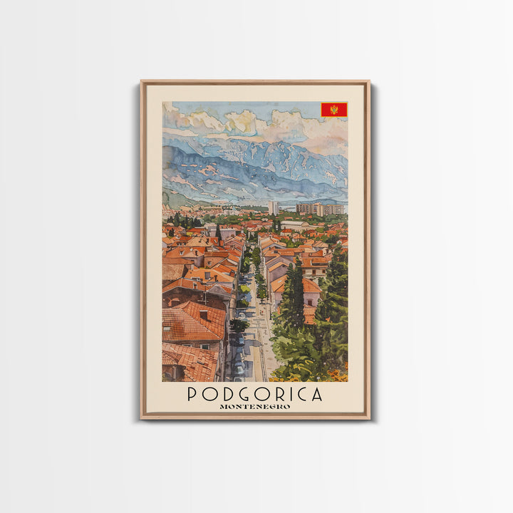 Podgorica Montenegro Travel Poster Framed Canvas Print, Watercolor Painting, Scenic Wall Art, Home Decor, Montenegrin Landscape, Artistic Decor