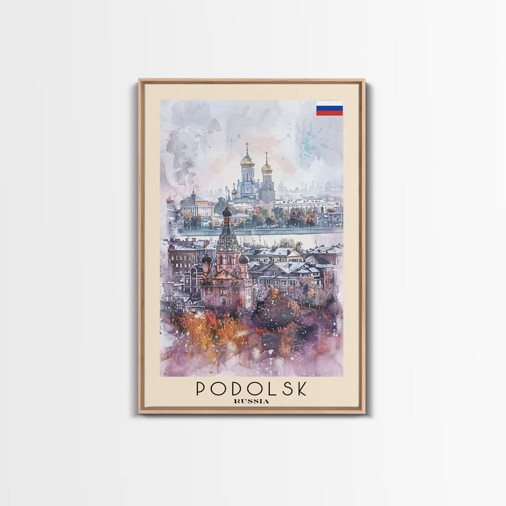 Podolsk Russia Travel Poster Framed Canvas Print, Watercolor Painting, Urban Wall Art, Home Decor, Russian Cityscape, Contemporary Art