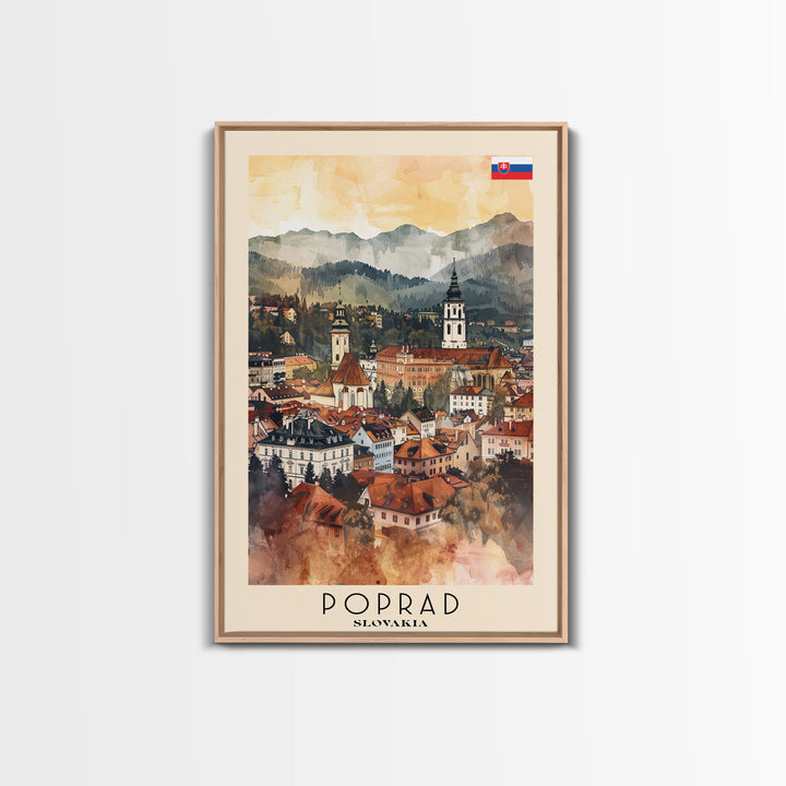 Poprad Slovakia Travel Poster Framed Canvas Print, Watercolor Painting, Scenic Wall Art, Home Decor, Slovakian Landscape, Classic Art