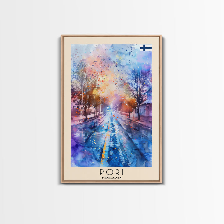 Pori Finland Travel Poster Framed Canvas Print, Watercolor Painting, Scenic Wall Art, Home Decor, Finnish Seaside, Minimalist Art