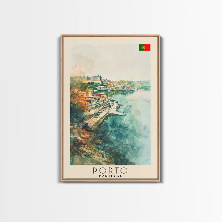 Porto Portugal Travel Poster Framed Canvas Print, Watercolor Painting, Coastal Wall Art, Home Decor, Portuguese Seaside, Vibrant Art