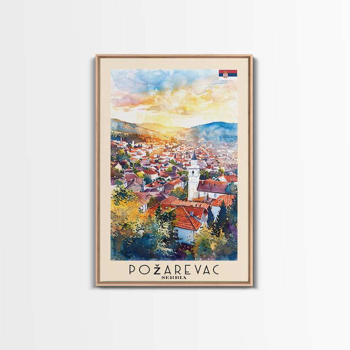 Pozega Serbia Travel Poster Framed Canvas Print, Watercolor Painting, Scenic Wall Art, Home Decor, Serbian Landscape, Classic Art