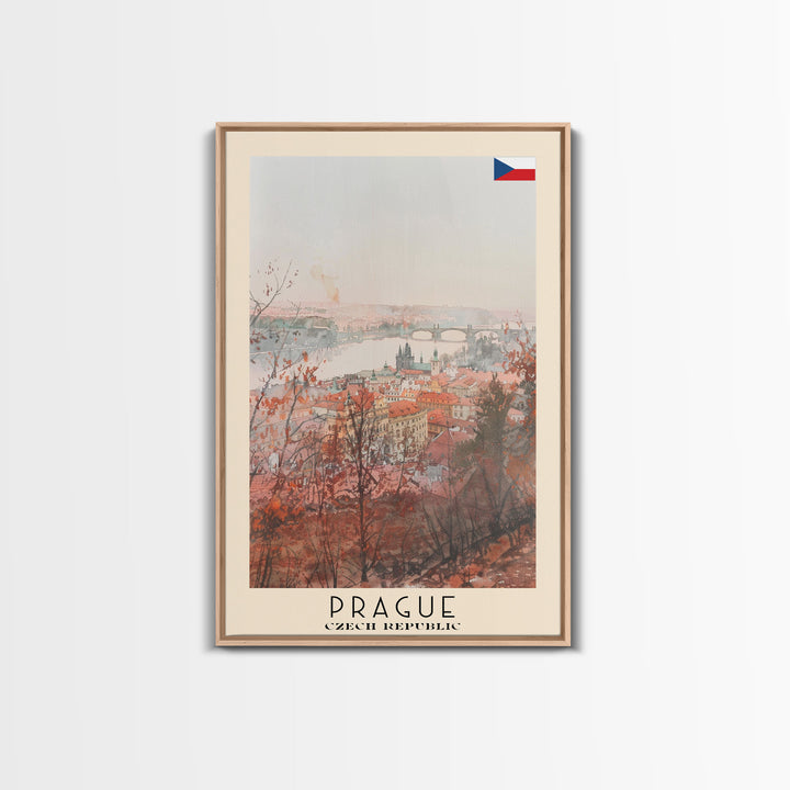Prague Czech Republic Travel Poster Framed Canvas Print, Watercolor Painting, Historic Wall Art, Home Decor, Czech Architecture, Classic Decor