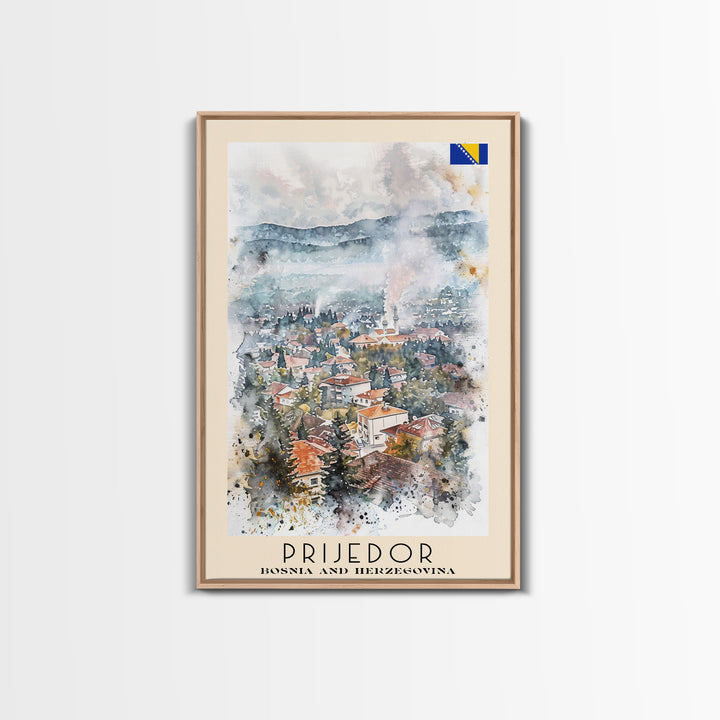 Prijedor Bosnia and Herzegovina Travel Poster Framed Canvas Print, Watercolor Painting, Scenic Wall Art, Home Decor, Bosnian Cityscape, Classic Art