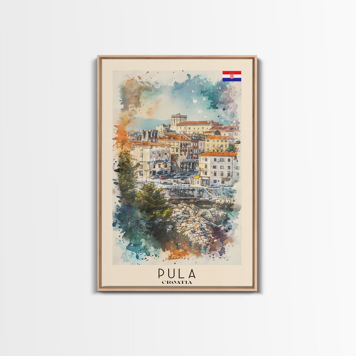 Pula Croatia Travel Poster Framed Canvas Print, Watercolor Painting, Coastal Wall Art, Home Decor, Croatian Seaside, Vibrant Decor