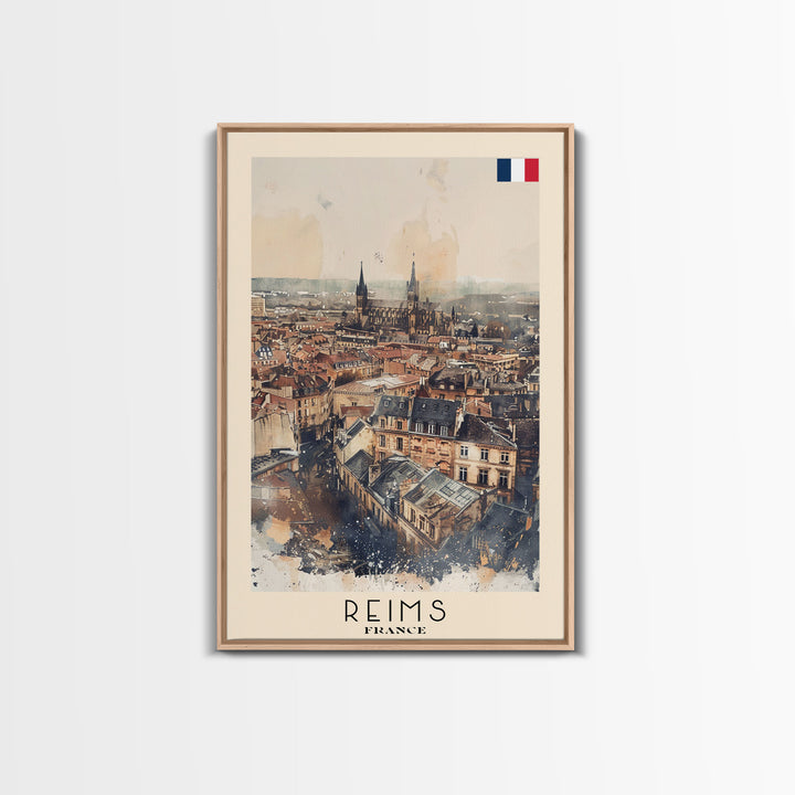 Reims France Travel Poster Framed Canvas Print, Watercolor Painting, Historic Wall Art, Home Decor, French Architecture, Classic Art