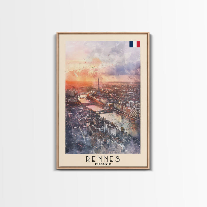 Rennes France Travel Poster Framed Canvas Print, Watercolor Painting, Scenic Wall Art, Home Decor, French Cityscape, Modern Decor