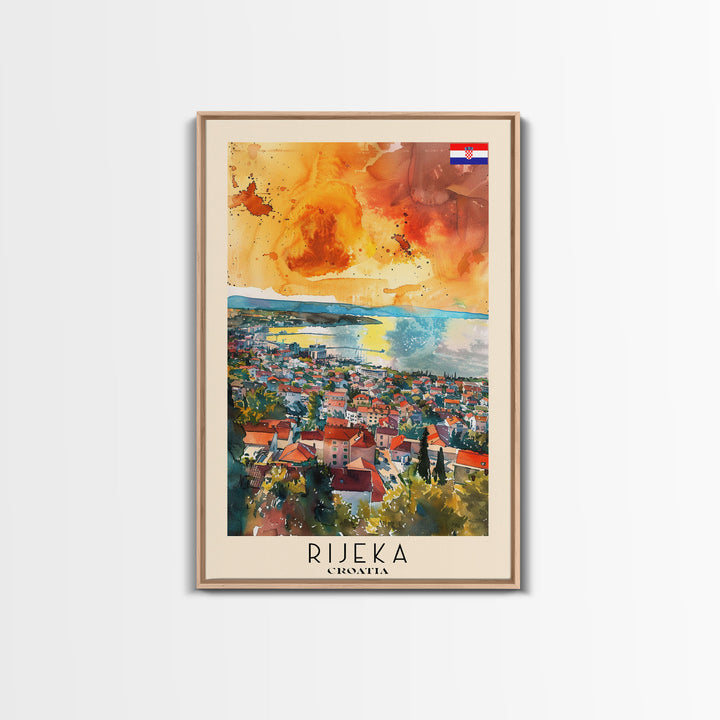 Rijeka Croatia Travel Poster Framed Canvas Print, Watercolor Painting, Coastal Wall Art, Home Decor, Croatian Seaside, Modern Art