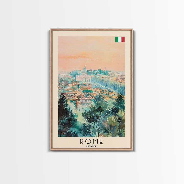 Rome Italy Travel Poster Framed Canvas Print, Watercolor Painting, Historic Wall Art, Home Decor, Italian Cityscape, Classic Art