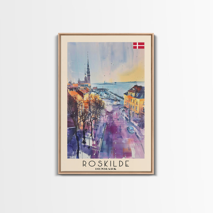 Roskilde Denmark Travel Poster Framed Canvas Print, Watercolor Painting, Scenic Wall Art, Home Decor, Danish Landscape, Modern Decor