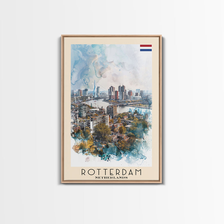 Rotterdam Netherlands Travel Poster Framed Canvas Print, Watercolor Painting, Urban Wall Art, Home Decor, Dutch Cityscape, Artistic Decor