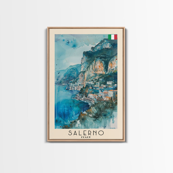 Salerno Italy Travel Poster Framed Canvas Print, Watercolor Painting, Coastal Wall Art, Home Decor, Italian Seaside, Modern Art