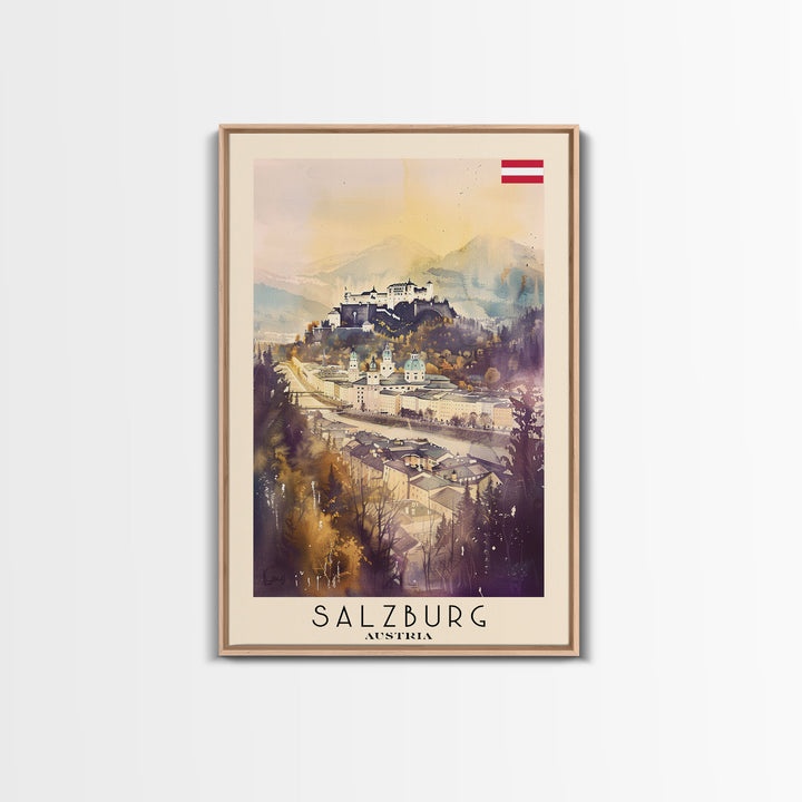 Salzburg Austria Travel Poster Framed Canvas Print, Watercolor Painting, Historic Wall Art, Home Decor, Austrian Architecture, Classic Decor