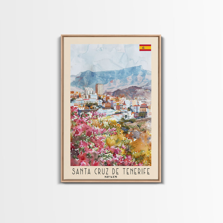 Santa Cruz de Tenerife Spain Travel Poster Framed Canvas Print, Watercolor Painting, Scenic Wall Art, Home Decor, Spanish Landscape, Modern Art