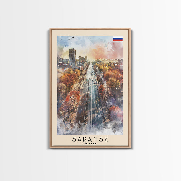 Saransk Russia Travel Poster Framed Canvas Print, Watercolor Painting, Urban Wall Art, Home Decor, Russian Cityscape, Modern Decor