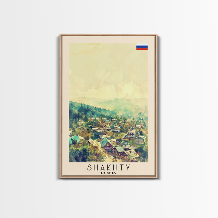 Shakhty Russia Travel Poster Framed Canvas Print, Watercolor Painting, Urban Wall Art, Home Decor, Russian Cityscape, Modern Art
