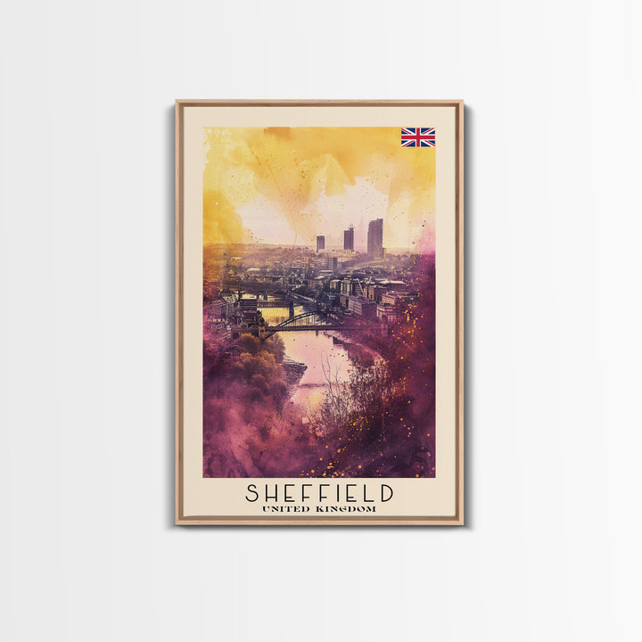 Sheffield United Kingdom Travel Poster Framed Canvas Print, Watercolor Painting, Urban Wall Art, Home Decor, British Cityscape, Artistic Decor
