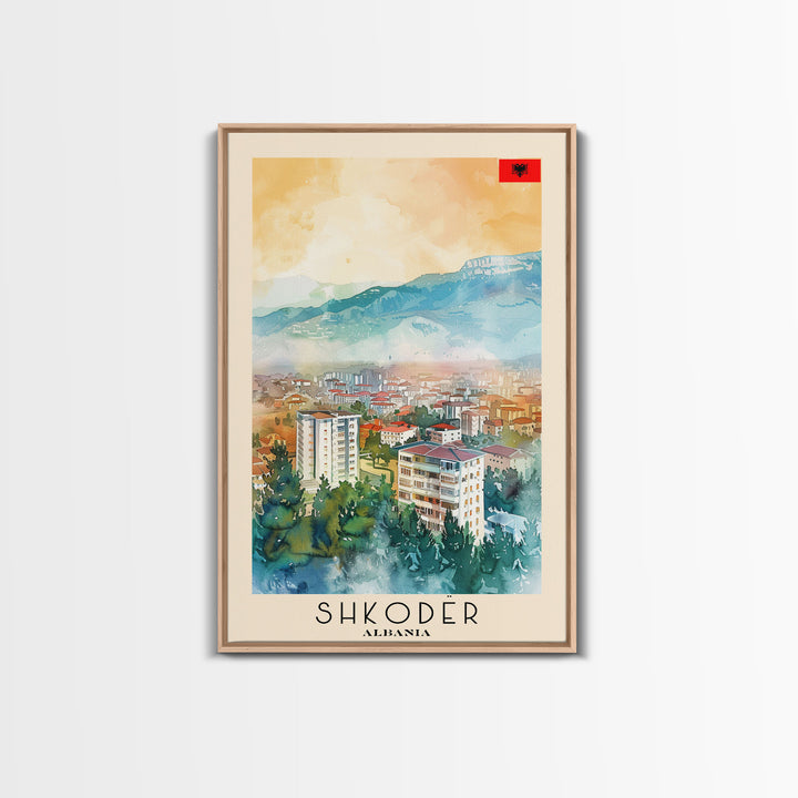 Shkoder Albania Travel Poster Framed Canvas Print, Watercolor Painting, Scenic Wall Art, Home Decor, Albanian Landscape, Classic Art