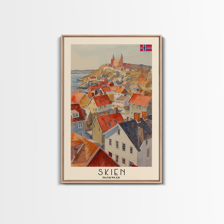 Skien Norway Travel Poster Framed Canvas Print, Watercolor Painting, Scenic Wall Art, Home Decor, Norwegian Landscape, Vibrant Art