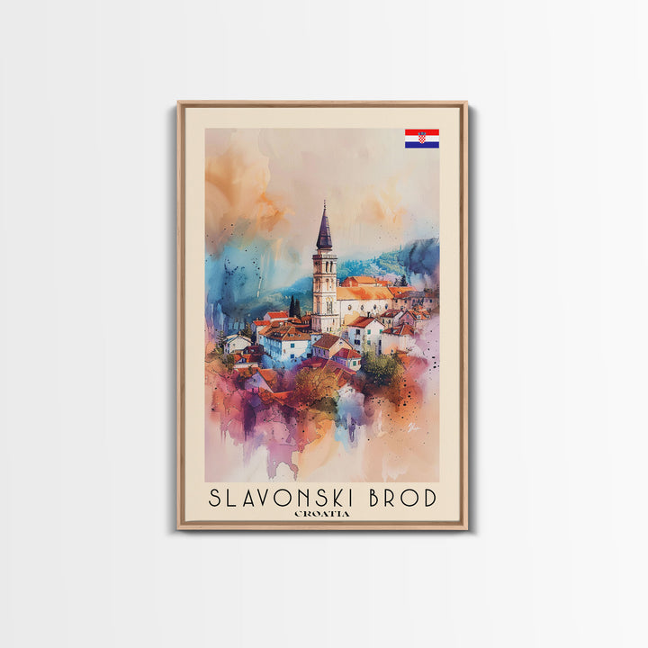 Slavonski Brod Croatia Travel Poster Framed Canvas Print, Watercolor Painting, Scenic Wall Art, Home Decor, Croatian Cityscape, Classic Art